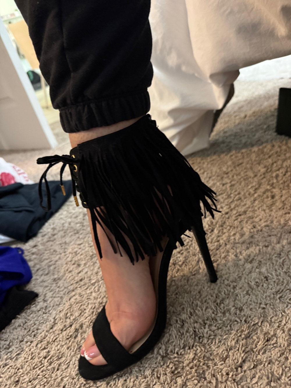 Shoe Dazzle Black Fringe Ankle-Tie Stiletto Heels